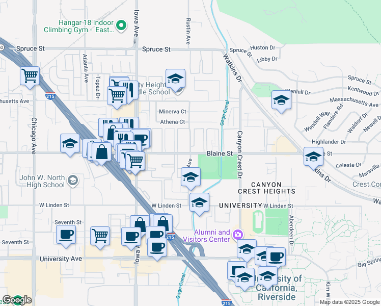 map of restaurants, bars, coffee shops, grocery stores, and more near West Blaine Street & Rustin Avenue in Riverside