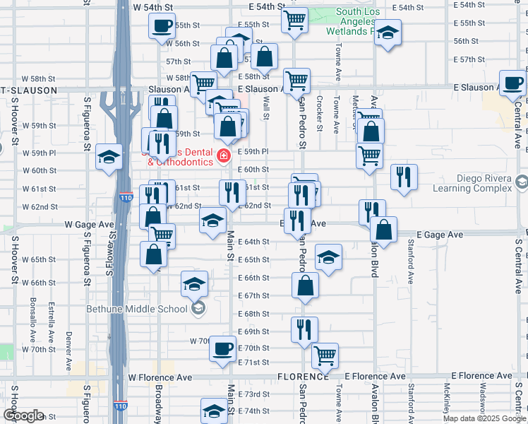 map of restaurants, bars, coffee shops, grocery stores, and more near 6209 Wall Street in Los Angeles