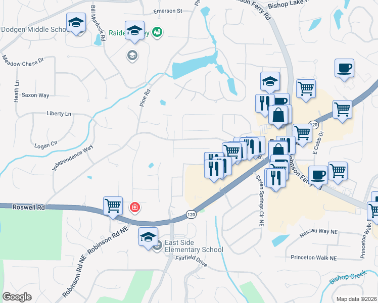 map of restaurants, bars, coffee shops, grocery stores, and more near 3926 Stanton Trail in Marietta