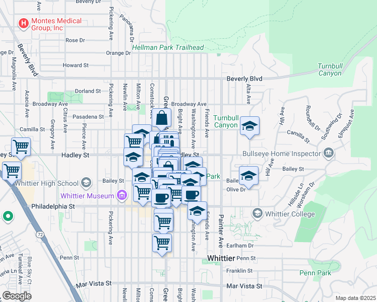 map of restaurants, bars, coffee shops, grocery stores, and more near 13117 Hadley Street in Whittier