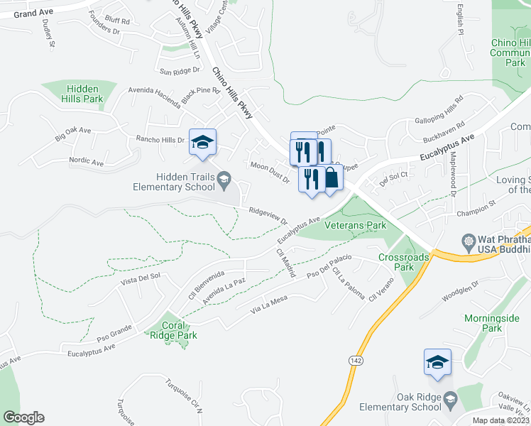 map of restaurants, bars, coffee shops, grocery stores, and more near 2201 Ridgeview Drive in Chino Hills