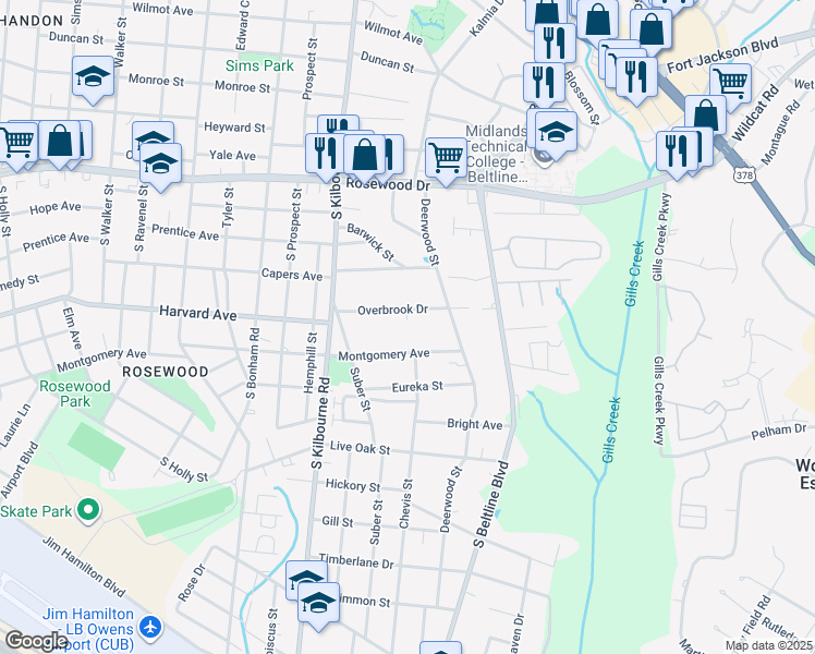 map of restaurants, bars, coffee shops, grocery stores, and more near 3839 Montgomery Avenue in Columbia