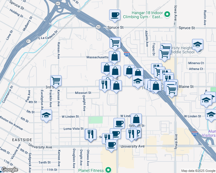 map of restaurants, bars, coffee shops, grocery stores, and more near 3300 Durahart Street in Riverside