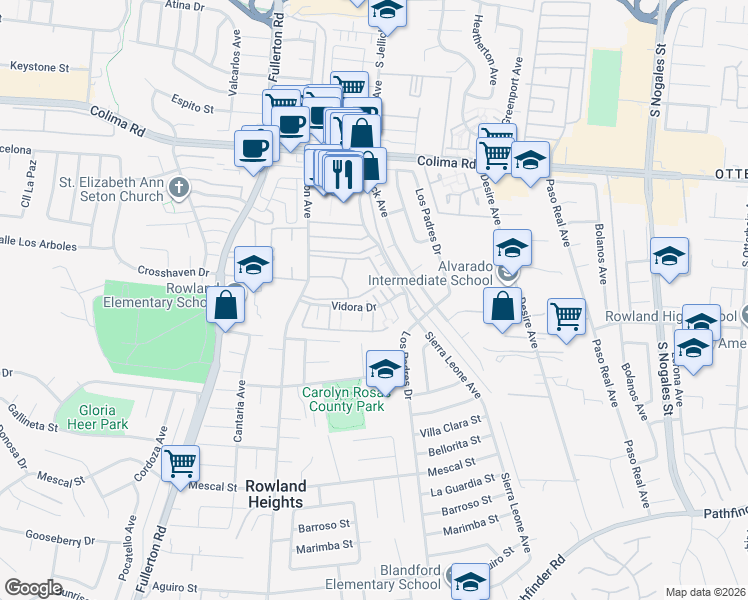 map of restaurants, bars, coffee shops, grocery stores, and more near 18515 Vidora Drive in Rowland Heights