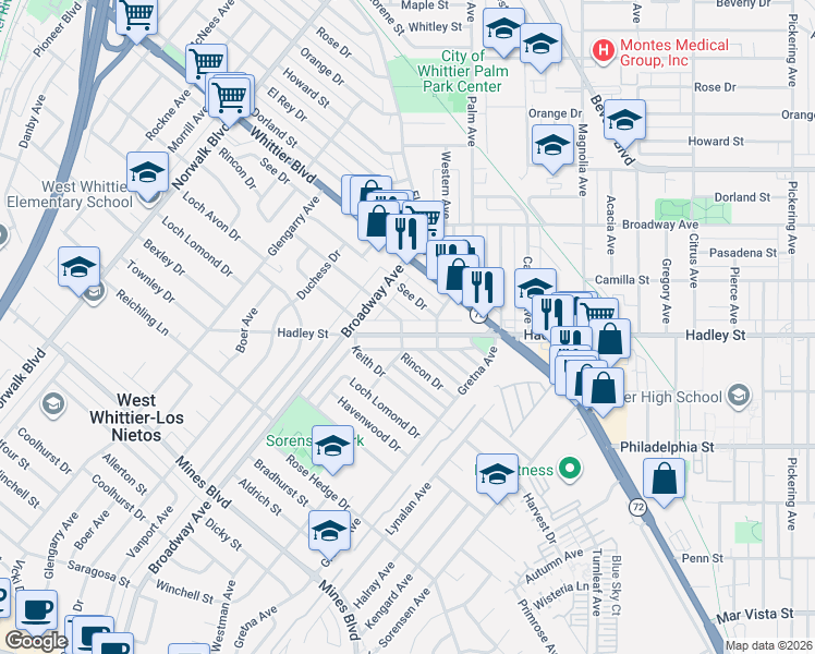 map of restaurants, bars, coffee shops, grocery stores, and more near 11464 Rincon Drive in Whittier