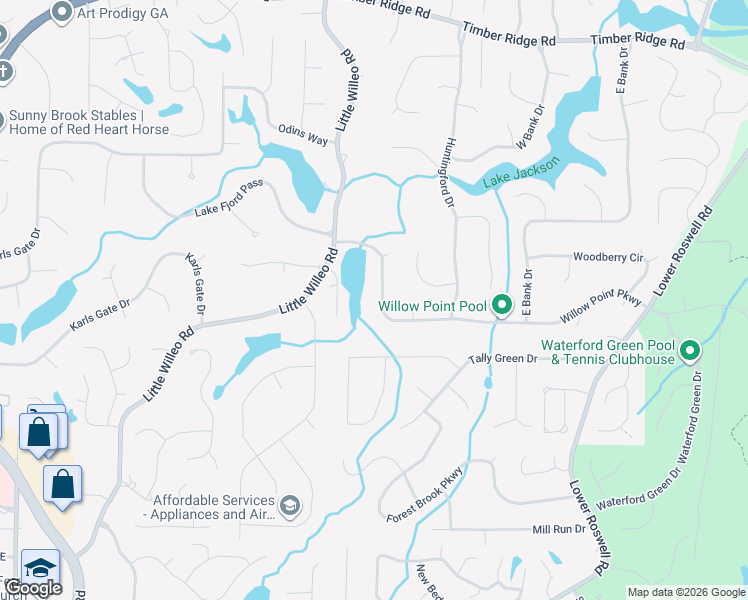 map of restaurants, bars, coffee shops, grocery stores, and more near 5156 Willow Point Parkway in Marietta