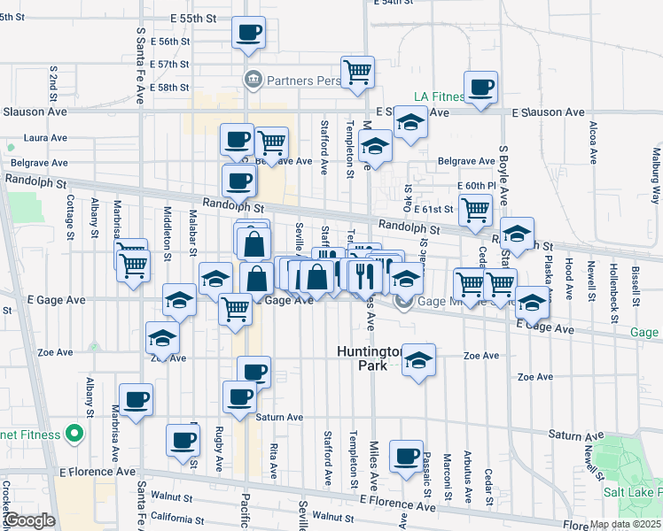 map of restaurants, bars, coffee shops, grocery stores, and more near 6316 Stafford Avenue in Huntington Park