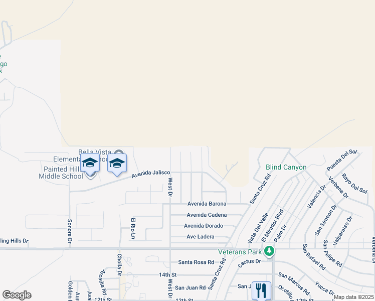 map of restaurants, bars, coffee shops, grocery stores, and more near 9035 Calle Escorial in Desert Hot Springs