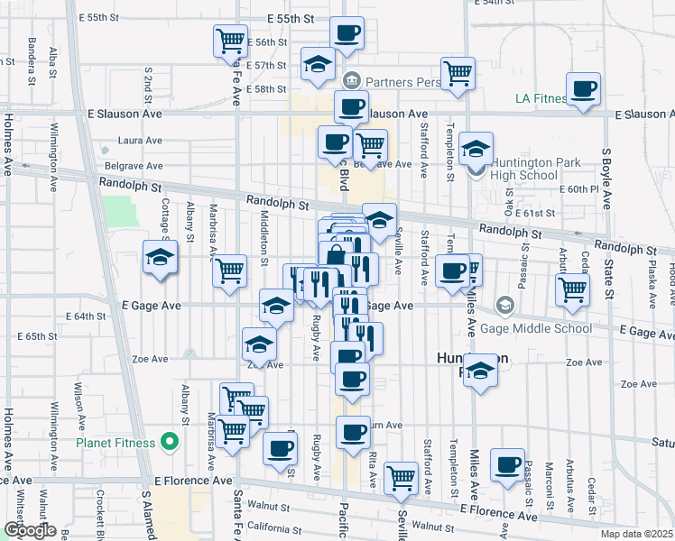 map of restaurants, bars, coffee shops, grocery stores, and more near 6339 Pacific Boulevard in Huntington Park
