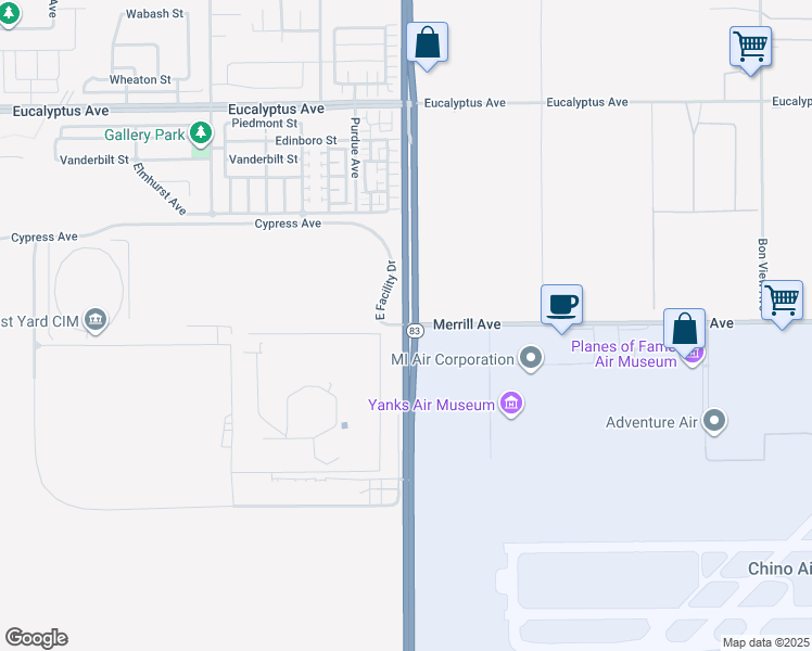 map of restaurants, bars, coffee shops, grocery stores, and more near in Chino