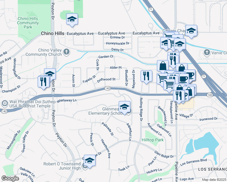 map of restaurants, bars, coffee shops, grocery stores, and more near 3682 Whirlaway Lane in Chino Hills