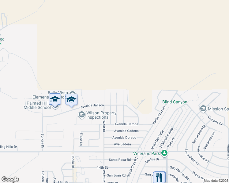 map of restaurants, bars, coffee shops, grocery stores, and more near 9035 Calle Escorial in Desert Hot Springs