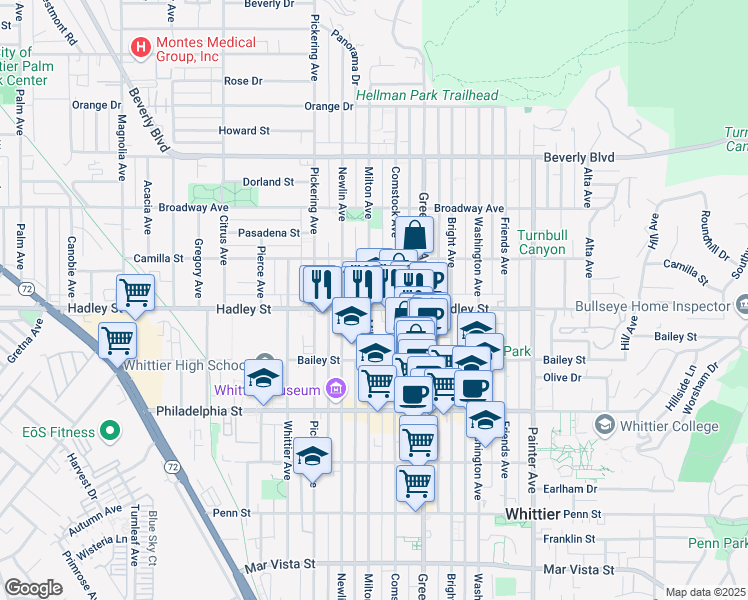 map of restaurants, bars, coffee shops, grocery stores, and more near 6333 Milton Avenue in Whittier
