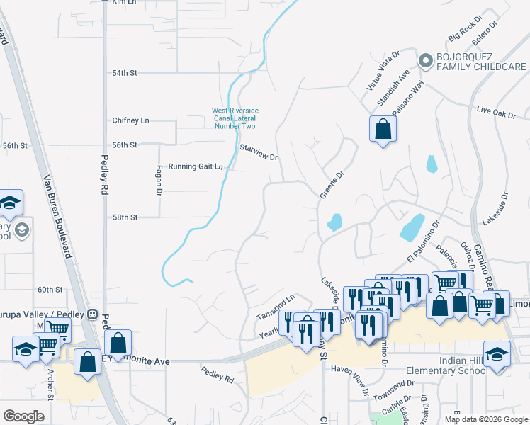 map of restaurants, bars, coffee shops, grocery stores, and more near 5800 Baldwin Avenue in Riverside