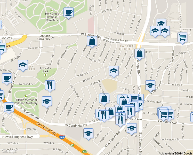 map of restaurants, bars, coffee shops, grocery stores, and more near 5550 West 63rd Street in Los Angeles