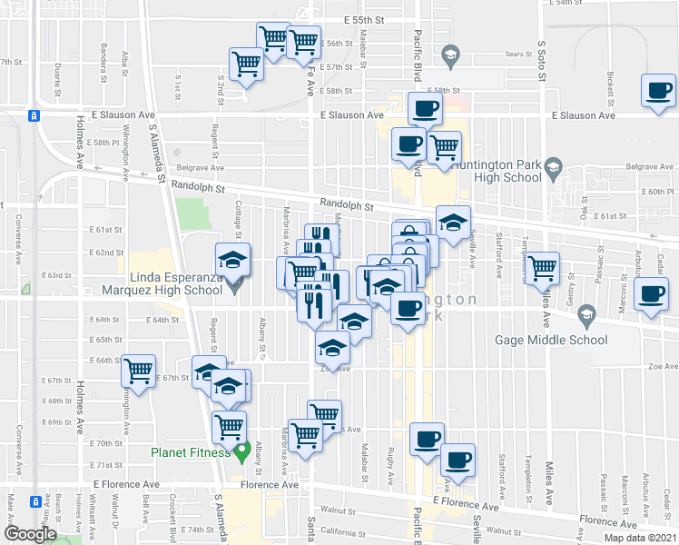 map of restaurants, bars, coffee shops, grocery stores, and more near 6316 Middleton Avenue in Huntington Park