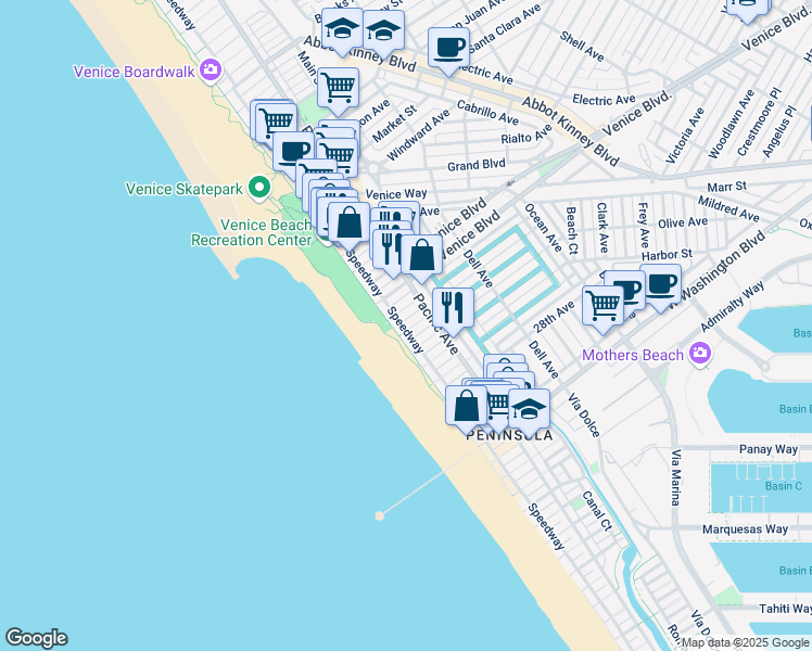 map of restaurants, bars, coffee shops, grocery stores, and more near 11 24th Avenue in Los Angeles