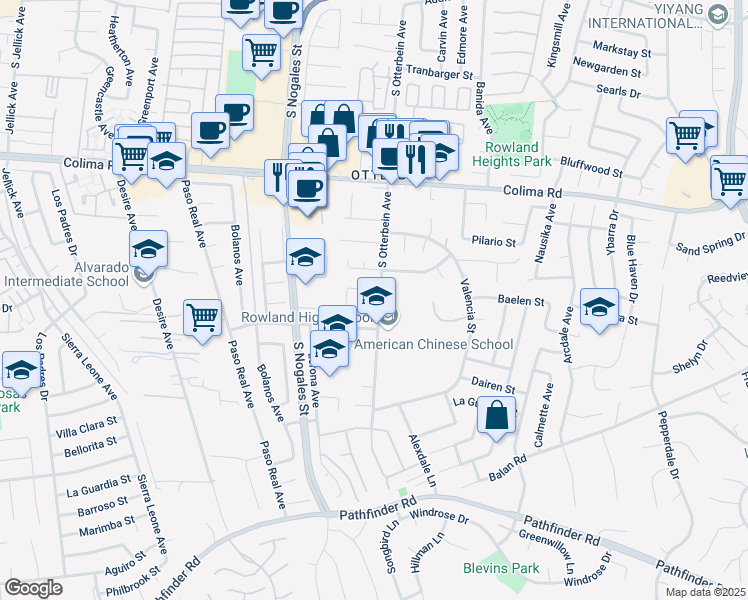 map of restaurants, bars, coffee shops, grocery stores, and more near in Rowland Heights