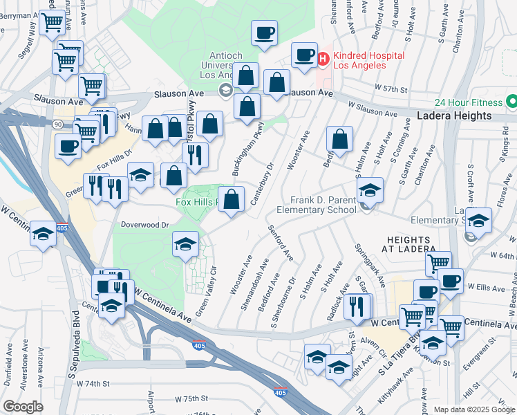 map of restaurants, bars, coffee shops, grocery stores, and more near 6050 Canterbury Drive in Culver City