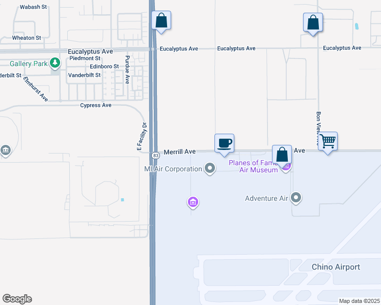 map of restaurants, bars, coffee shops, grocery stores, and more near 7187 Merrill Avenue in Ontario