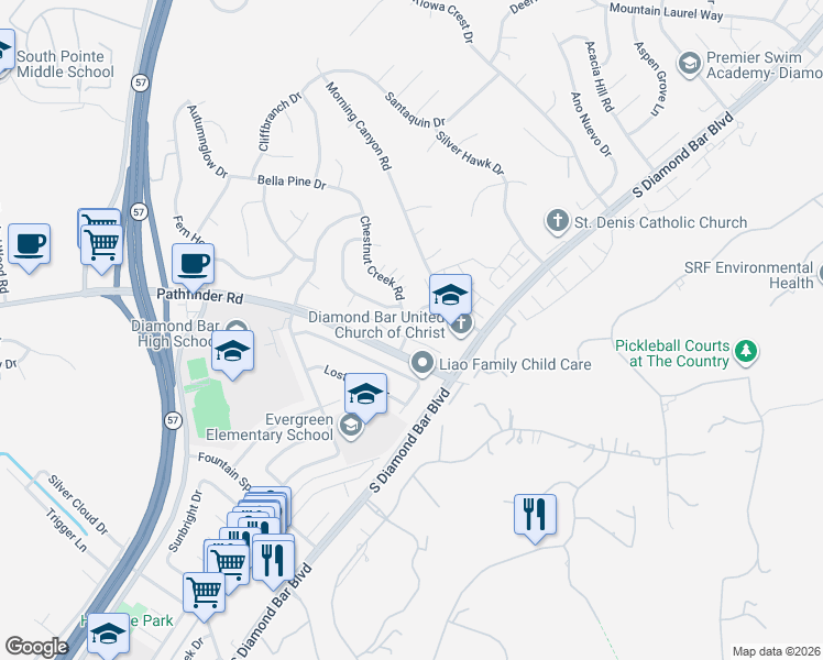 map of restaurants, bars, coffee shops, grocery stores, and more near 21700 Laurelrim Drive in Diamond Bar