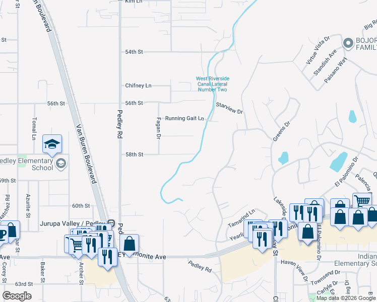 map of restaurants, bars, coffee shops, grocery stores, and more near 8539 58th Street in Riverside