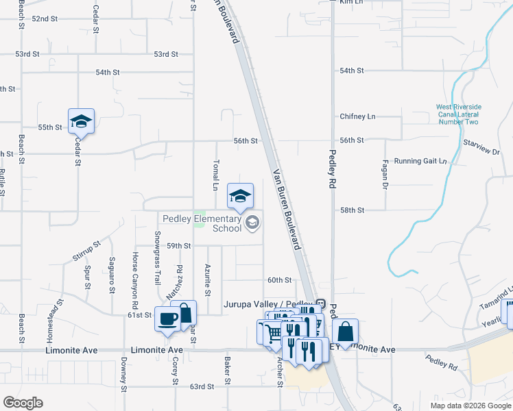 map of restaurants, bars, coffee shops, grocery stores, and more near 5871 Hudson Street in Riverside