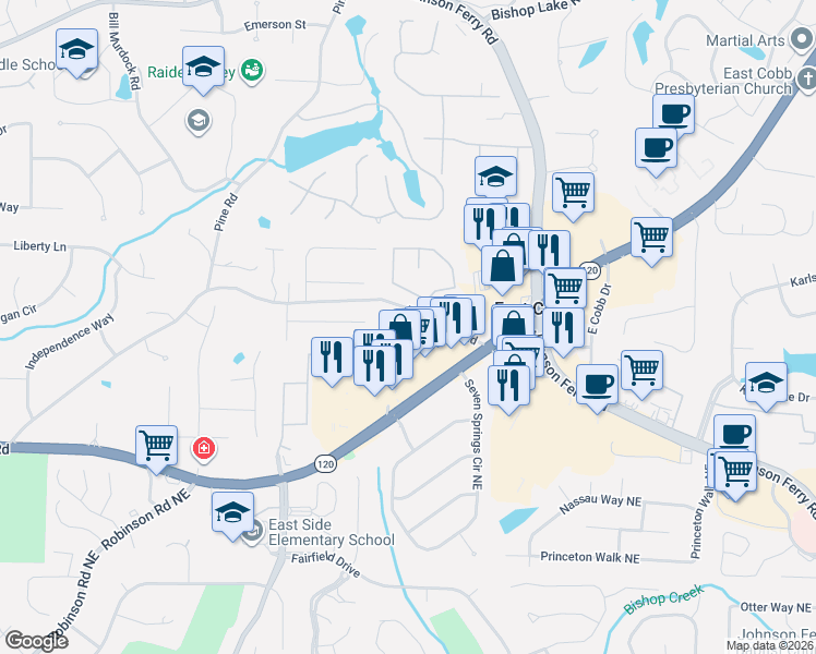 map of restaurants, bars, coffee shops, grocery stores, and more near 1460 Grayson Court in Marietta