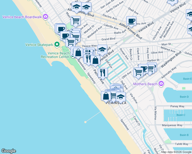 map of restaurants, bars, coffee shops, grocery stores, and more near 34 25th Place in Los Angeles