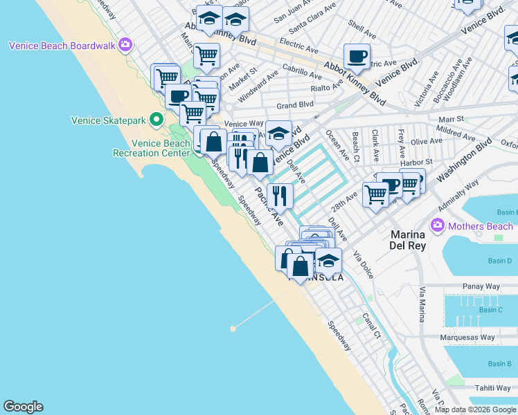 map of restaurants, bars, coffee shops, grocery stores, and more near 28 24th Avenue in Los Angeles