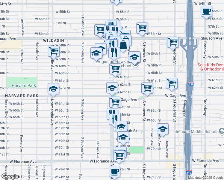map of restaurants, bars, coffee shops, grocery stores, and more near 6203 1/2 South Vermont Avenue in Los Angeles