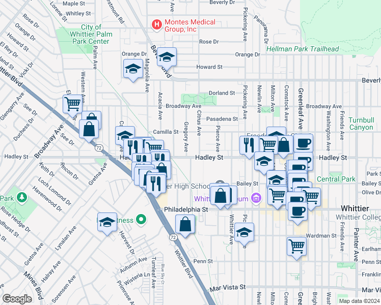 map of restaurants, bars, coffee shops, grocery stores, and more near 12207 Hadley Street in Whittier