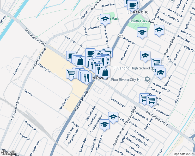 map of restaurants, bars, coffee shops, grocery stores, and more near 9156 Burke Street in Pico Rivera