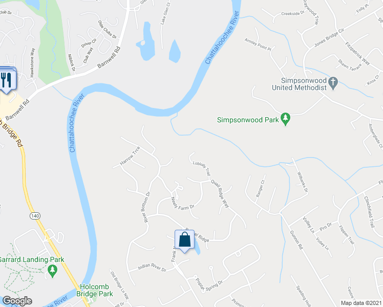 map of restaurants, bars, coffee shops, grocery stores, and more near 4410 Loblolly Trail in Norcross