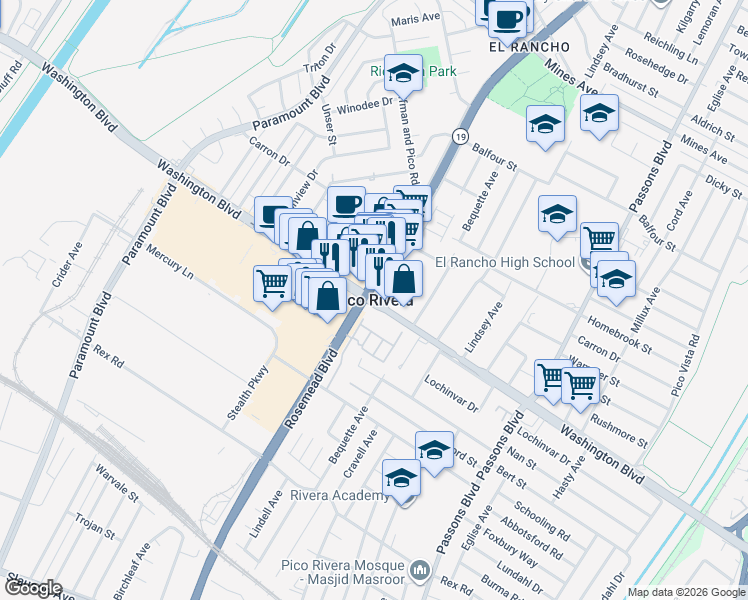 map of restaurants, bars, coffee shops, grocery stores, and more near in Pico Rivera