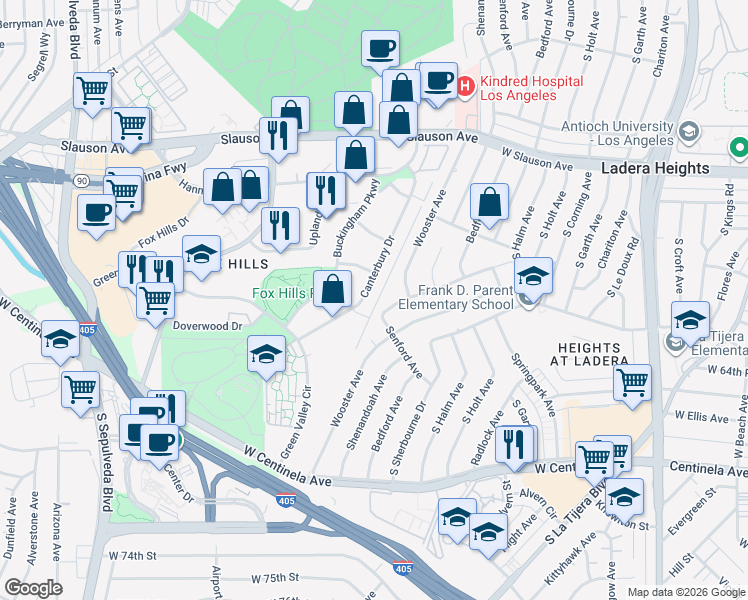 map of restaurants, bars, coffee shops, grocery stores, and more near 6050 Canterbury Drive in Culver City