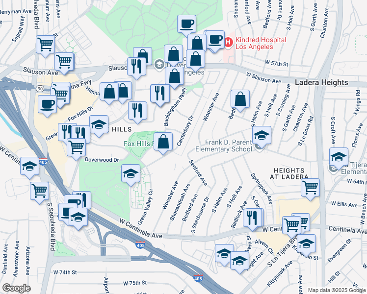 map of restaurants, bars, coffee shops, grocery stores, and more near 6050 Canterbury Drive in Culver City