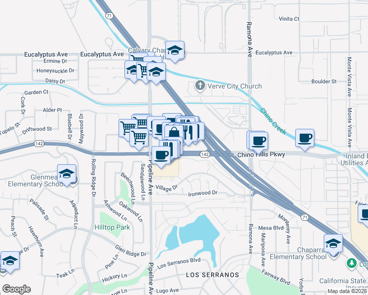 map of restaurants, bars, coffee shops, grocery stores, and more near 4200 Chino Hills Parkway in Chino Hills