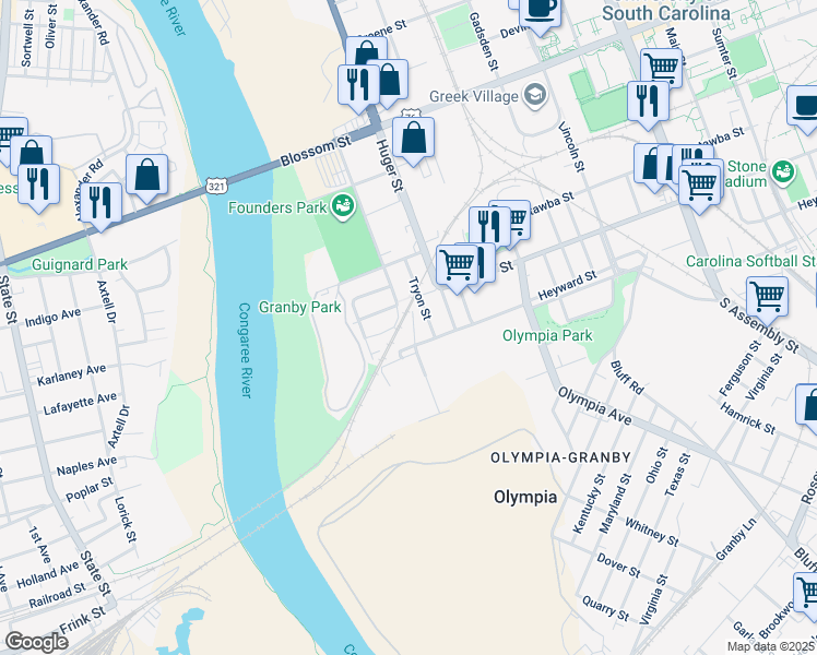 map of restaurants, bars, coffee shops, grocery stores, and more near 319 Heyward Street in Columbia