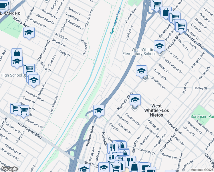 map of restaurants, bars, coffee shops, grocery stores, and more near Cypress Point Drive in West Whittier-Los Nietos