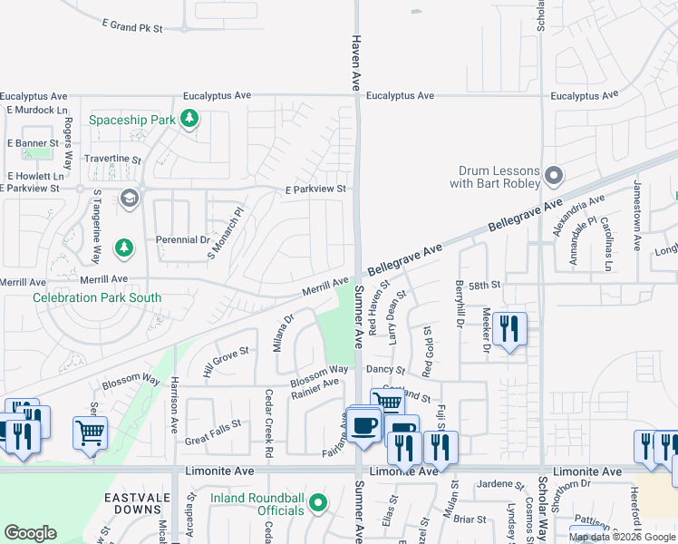 map of restaurants, bars, coffee shops, grocery stores, and more near 3468 East Kane Drive in Ontario