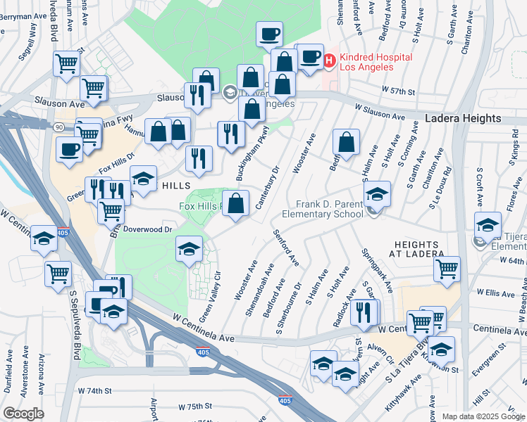 map of restaurants, bars, coffee shops, grocery stores, and more near 6050 Canterbury Drive in Culver City