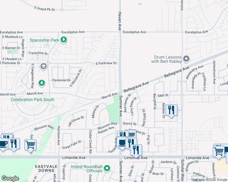 map of restaurants, bars, coffee shops, grocery stores, and more near 3468 East Kane Drive in Ontario