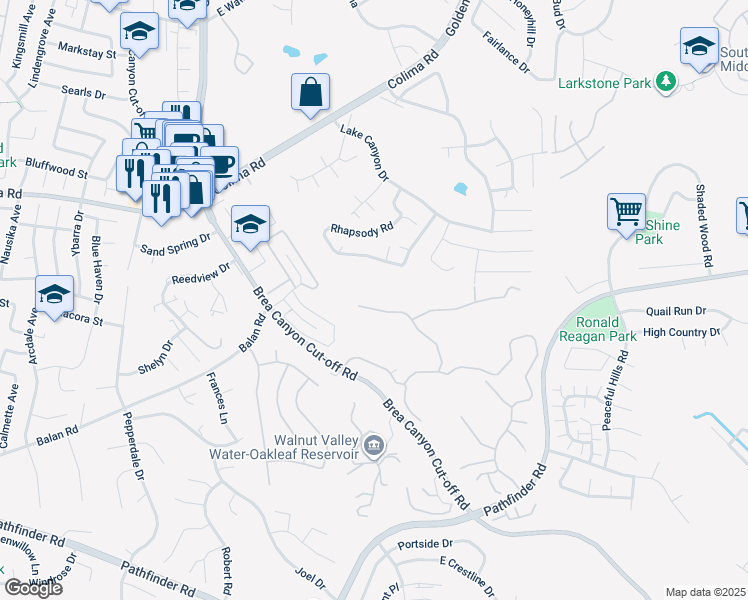 map of restaurants, bars, coffee shops, grocery stores, and more near 20321 Holcroft Drive in Walnut