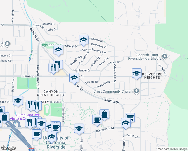 map of restaurants, bars, coffee shops, grocery stores, and more near 3321 Celeste Drive in Riverside
