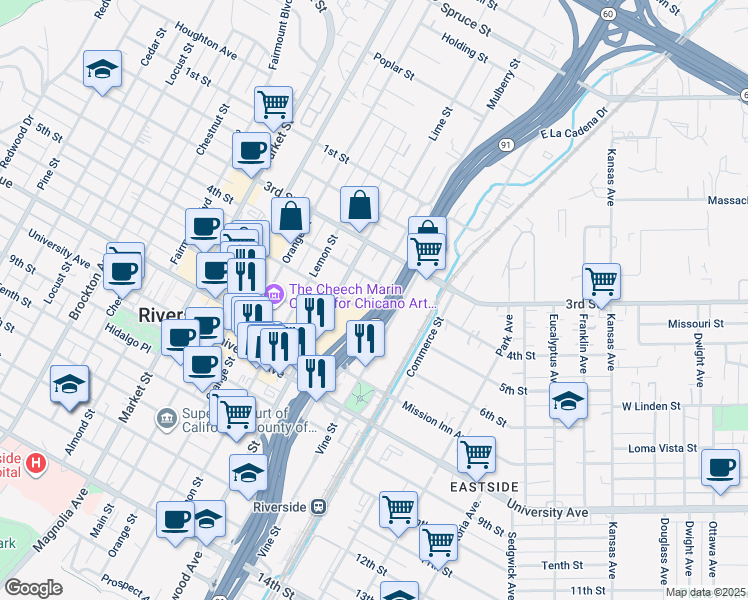 map of restaurants, bars, coffee shops, grocery stores, and more near 3480 Mulberry Street in Riverside