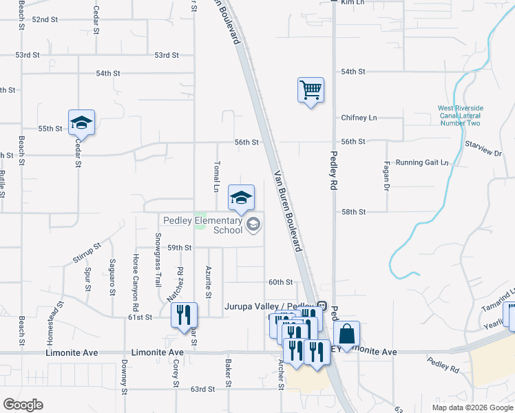 map of restaurants, bars, coffee shops, grocery stores, and more near 5871 Hudson Street in Riverside