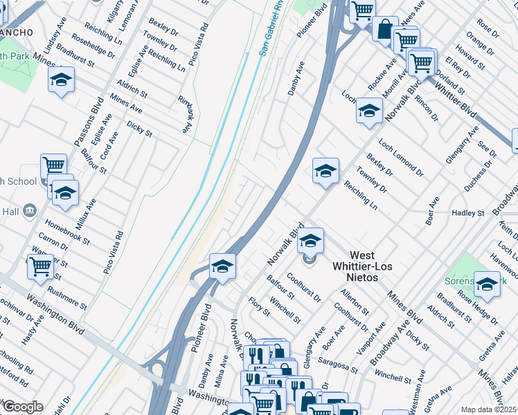 map of restaurants, bars, coffee shops, grocery stores, and more near 10703 Allerton Street in Whittier