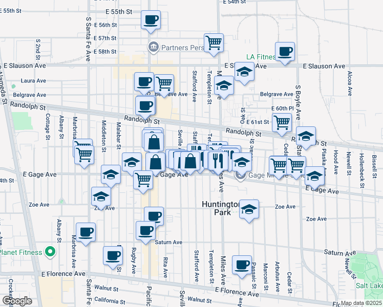 map of restaurants, bars, coffee shops, grocery stores, and more near 6336 Stafford Avenue in Huntington Park