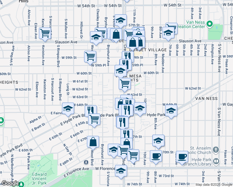 map of restaurants, bars, coffee shops, grocery stores, and more near 6310 South Victoria Avenue in Los Angeles